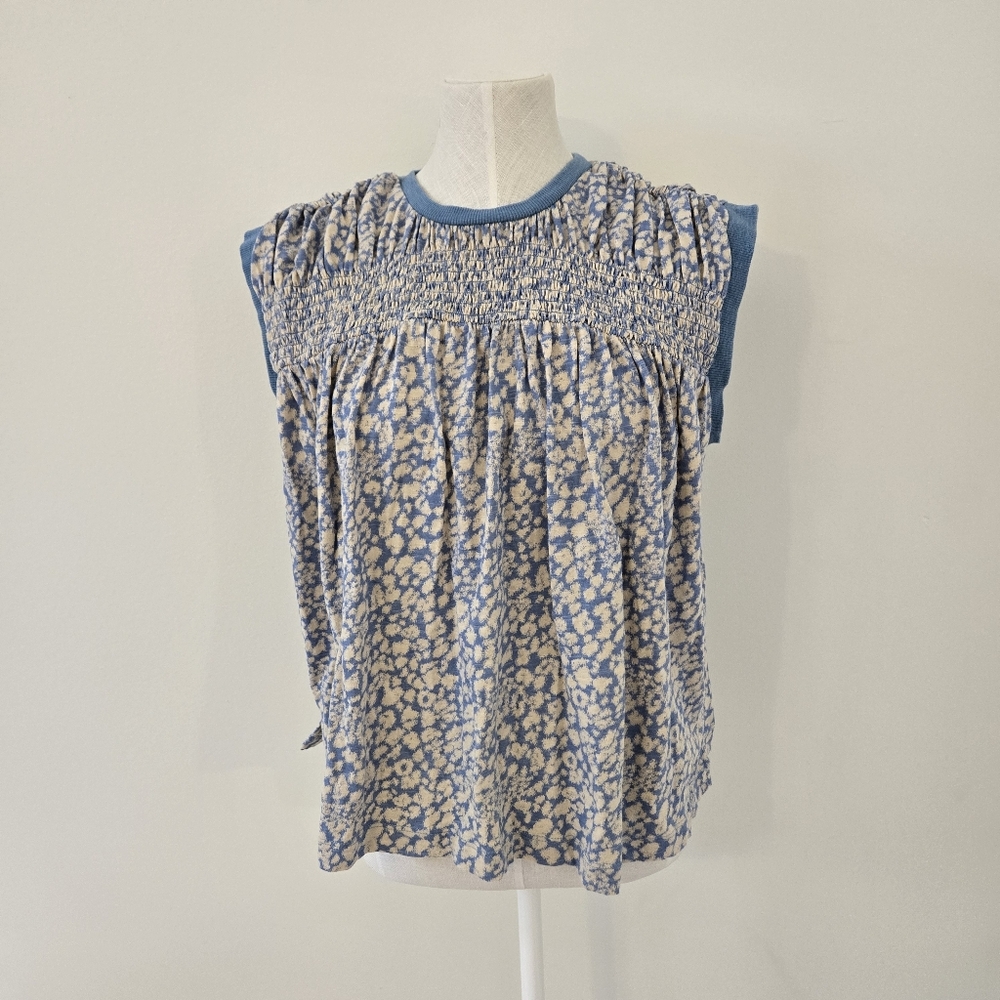 Anthropologie Smocked Yoke Top Blue Cream‎ Size Medium Boho